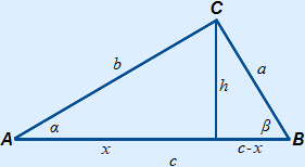Triangle ABC with altitude h from C drawn, c is divided into x left of the altitude and c-x to the right of the altitude