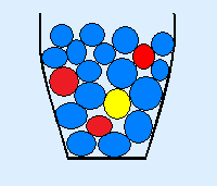 Vase with 1 yellow, 3 red and 16 blue marbles