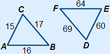 Driehoek ABC met AB=15, BC=17 en AC=16 en driehoek DEF met DE=64, EF=60 en DF=69