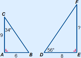 Driehoek ABC met AB=6, AC=9, hoek A=90Â° en hoek C=39Â° en driehoek DEF met DE=8, hoek E=90Â° en hoek D=51Â°
