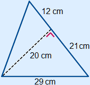A triangle in wich three lengths are given. A sides of 29 and a side of 33 cm. The altitude from a vertex is 20 cm long and cuts the 33 cm side in two parts measuring 12 and 21.