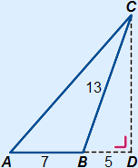 Stomphoekige driehoek ABC met AB=7, BC=13, BD(het verlengde van AC)=5 en de hoogtelijn vanuit C op AB in het punt D snijdt
