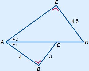 Driehoek ABC met AB=4, BC=3, hoek B=90Â° en driehoek ADE met DE=4,5 en hoek E=90Â°. Het is gegeven dat hoek BAC = hoek DAE