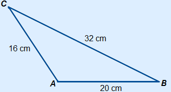 Triangle ABC with AB=20 cm, BC=32 cm and AC=16 cm