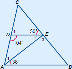 De hierboven omschreven driehoek, lijn AE is ook getekend