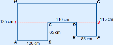 Zelfde achthoek met hulplijn naar beide kanten in het verlengde van CD. Links snijdt CD lijn AH in punt T en rechts snijdt lijn DS lijn FG in punt S