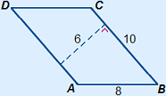 Parallellogram met zijden van 10 en 8 en een hoogte van 6 getekend die loodrecht staat op de zijde van 10