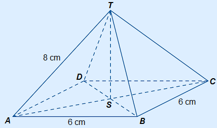 Piramide ABCD.T met hoogte ST getekend. S ligt precies in het midden van het grondvlak.