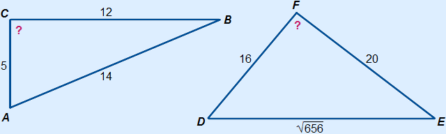 Driehoek ABC met AB=14, BC=12 en AC=5 en driehoek DEF met DE=wortel 656, EF=20 en DF=16