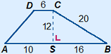 Trapezium ABCD in which CS is the height, perpendicular to AB. AS=10, BS=16, BC=20, CD=6 en CS=12