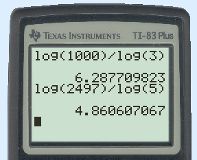 Hoe dit er op de rekenmachine uitziet. In het eerste voorbeeld krijg je log(1000)/log(3)