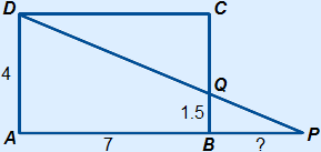 Rectangle ABCD with P on the extended line AB and Q the intersection of line DP with line BC. AB=7, BQ=1.5 and AD=4