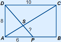 Ractangle ABCD with P on side AB and point S the intersection of AC and DP. AP=6, AD=8 and CD=10