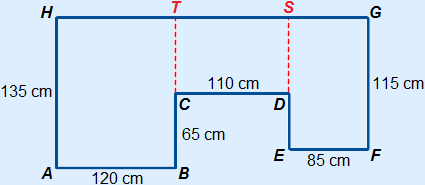 Zelfde achthoek met hulplijnen in het verlengde van BC (naar T op lijn GH) en verlengde van DE (naar S op lijn GH). Bekend is AB=120, BC=65, CD=110, EF=85, GF=115 en AH=135