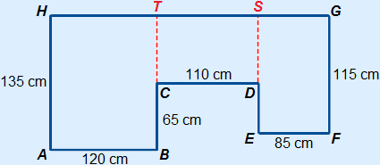 same octagon with lines BC extended (to T on line GH) and DE extended (to S on line GH). Known is AB=120, BC=65, CD=110, EF=85, GF=115 and AH=135