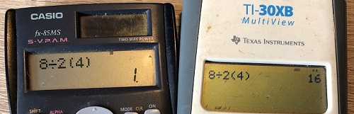 links een Casio fx-85MS met 1 als uitkomst en rechts een Texas Instruments TI-30XB met 16 als uitkomst